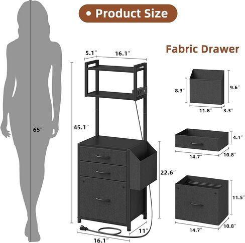 Larger File Cabinet with Charging Station and 3 Fabric Drawer, 3-Tier Tall Filing Cabinet for Home Office with Storage Shelf, Fabric Drawer, Fits A4/Letter Size, 15.3''W, Rustic Brown in Saudi Arabia