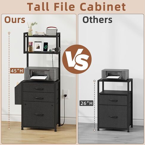 Larger File Cabinet with Charging Station and 3 Fabric Drawer, 3-Tier Tall Filing Cabinet for Home Office with Storage Shelf, Fabric Drawer, Fits A4/Letter Size, 15.3''W, Rustic Brown in Saudi Arabia