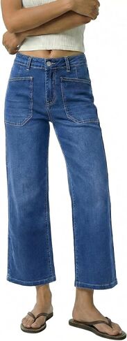 GRAPENT Wide Leg Jeans Woman Trendy Cropped High Waisted Patch Pocket Stretch Denim Pants Baggy Loose Straight Leg Jeans in Saudi Arabia