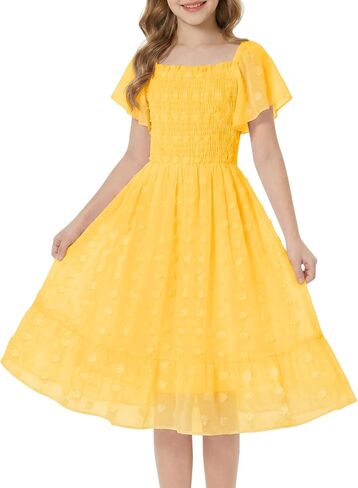 Girls Summer Dresses Kids Off Shoulder Flutter Sleeve Swiss Dot Formal Party Smocked Dress 5-14 Years in Saudi Arabia