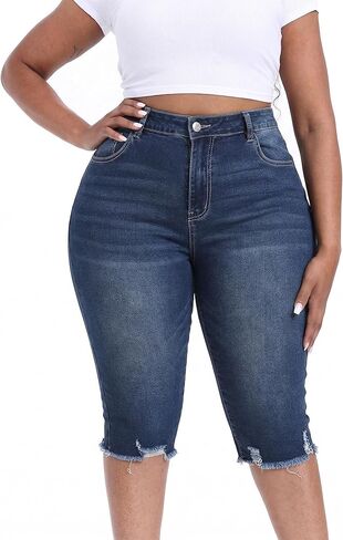 Plus Size Capris for Women 17" Inseam Stretchy Capri Jean Shorts High Waisted Cropped Pants in Kuwait