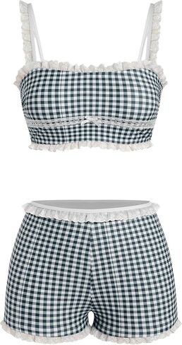 ZAFUL Womens High Waisted Bikini Sets 2 Piece Plaid Ruffle Swimsuits Back Strap Top with High Waisted Shorts Bathing Suit in Saudi Arabia