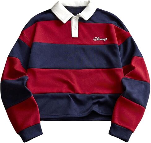 GORGLITTER Men's Rugby Shirts Long Sleeve Color Block Striped Embroidered Collared Golf Tshirt Streetwear in Saudi Arabia