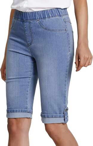 BISUAL شورتات جينز للنساء مرونة الخصر سحب على شورت برمودا طول الركبة بسط نحيل الدينيم Jorts مع جيوب in Kuwait