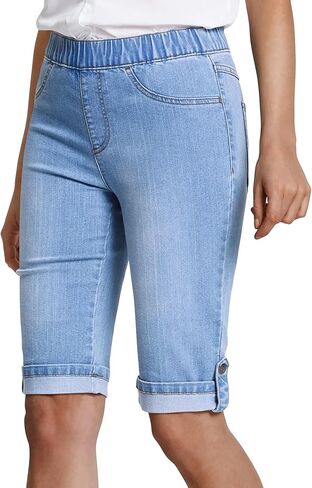 BISUAL Jean Shorts for Women Elastic Waist Pull On Bermuda Shorts Knee Length Stretchy Skinny Denim Jorts with Pockets in Saudi Arabia