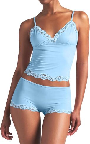 Ezbelle Women's Pajama Set Two Piece Tank Lounge Matching Lace Pjs Short Pants V Neck Outfit Sexy Knit Summer Crop Clothes in Saudi Arabia