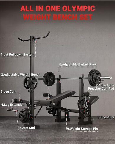 GarveeTech 8-in-1 Weight Bench Set for Home Gym, Foldable Workout Benchs with Preacher Curl Pad, LAT Pulldown and Leg Extension Leg Curl, Bench Press for Full Body Exercise in Saudi Arabia