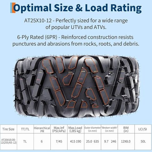 مجموعة Towallmark من 2 | إطارات 25x8-12 ATV/UTV 6PR لايحتاج، إطارات 20 مم لجميع التضاريس لركوب الطين والرمال والممرات، إطارات بديلة للمركبات الرباعية، جنبًا إلى جنب، والمركبات على الطرق الوعرة in Kuwait