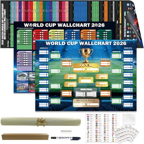 مجموعة ملصقات جدار الرسم البياني لكأس العالم 2026 (3 عبوات) - ملصقات جدول كرة القدم القابلة للمسح الجاف من مادة PVC مع دعامة خروج المغلوب، ومتتبع مرحلة المجموعات والجدول الزمني الكامل للمباراة - تتضمن 48 ملصقًا لعلم الفريق، وقلم تحديد، وممحاة، وشريط تثبيت in Saudi Arabia