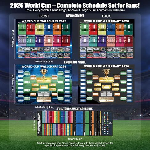 مجموعة ملصقات جدار الرسم البياني لكأس العالم 2026 (3 عبوات) - ملصقات جدول كرة القدم القابلة للمسح الجاف من مادة PVC مع دعامة خروج المغلوب، ومتتبع مرحلة المجموعات والجدول الزمني الكامل للمباراة - تتضمن 48 ملصقًا لعلم الفريق، وقلم تحديد، وممحاة، وشريط تثبيت in Saudi Arabia