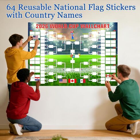 YANGALOOP 36x24 inches Predict 2026 World Cup Schedule Poster，64 Reusable National Flag Stickers with Country Names, Soccer Poster 2026 World Cup Merchandise, Soccer Gifts for Boys Room Decor in Saudi Arabia
