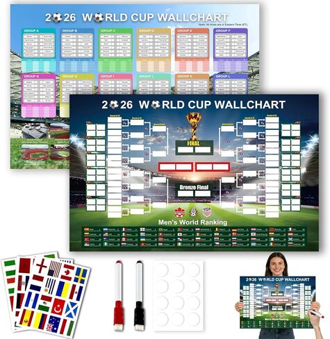 2PCS 2026 World Soccer Cup Schedule Posters, 35.4"×23.6" Merchandise with 48 Flag Stickers Predict Champion Poster, Wall Chart Poster for Soccer Fans Gift, Home & Office & Bar,Soccer Party Decorations in Saudi Arabia
