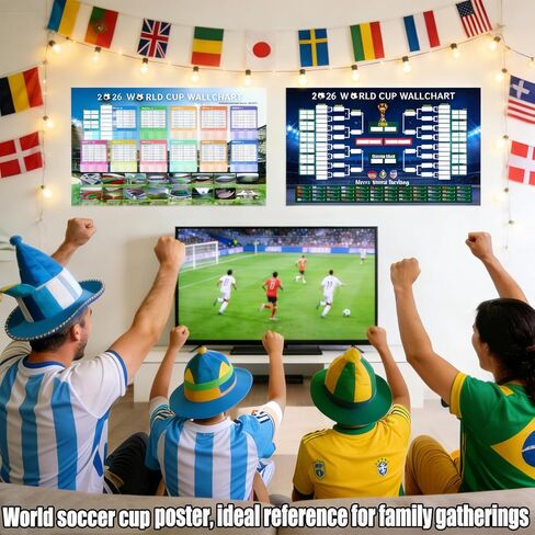 2PCS 2026 World Soccer Cup Schedule Posters, 35.4"×23.6" Merchandise with 48 Flag Stickers Predict Champion Poster, Wall Chart Poster for Soccer Fans Gift, Home & Office & Bar,Soccer Party Decorations in Saudi Arabia