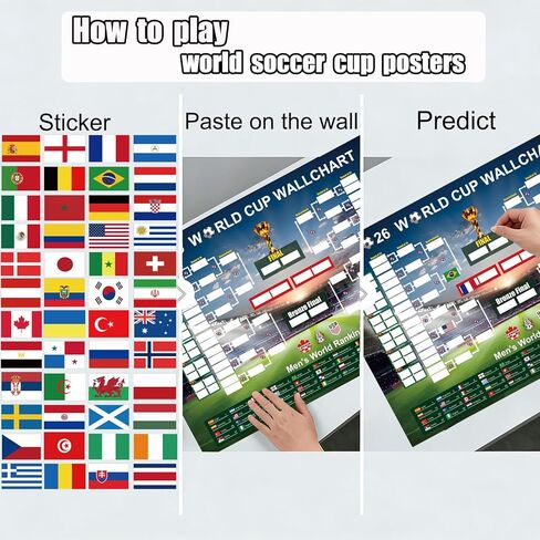 2PCS 2026 World Soccer Cup Schedule Posters, 35.4"×23.6" Merchandise with 48 Flag Stickers Predict Champion Poster, Wall Chart Poster for Soccer Fans Gift, Home & Office & Bar,Soccer Party Decorations in Saudi Arabia