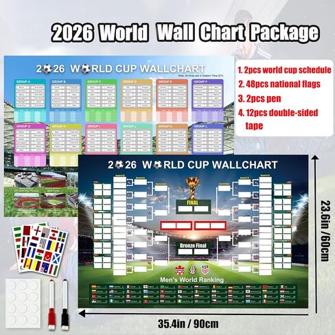 2PCS 2026 World Soccer Cup Schedule Posters, 35.4"×23.6" Merchandise with 48 Flag Stickers Predict Champion Poster, Wall Chart Poster for Soccer Fans Gift, Home & Office & Bar,Soccer Party Decorations in Saudi Arabia