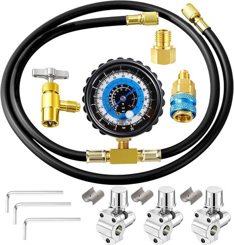مجموعة خرطوم إعادة الشحن Mudder R134A مع مقياس، خرطوم تبريد تيار متردد، نوع ثقب أنثى 1/2 بوصة يمكن النقر عليه ومحول ذاتي الغلق، قارنة توصيل سريعة، صمام ثقب الرصاص للتيار المتردد المنزلي (أسود، إطار) in Saudi Arabia