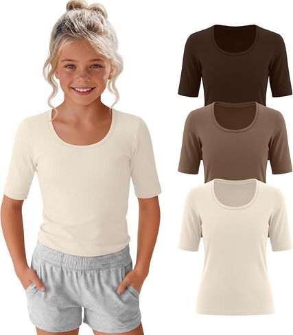 3 Pack Girls' Half Sleeve T Shirts Scoop Neck Slim Tops Kids Summer Casual Shirts Basic Solid Tees 5-14 Years in Saudi Arabia