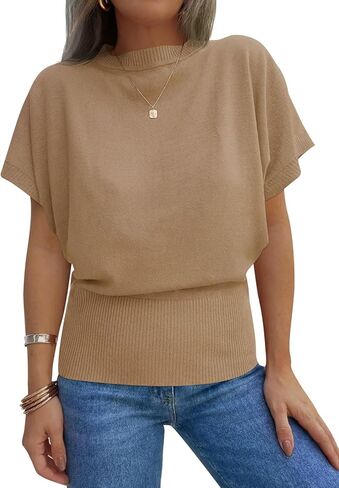 Saodimallsu Womens Batwing Short Sleeve Sweater Tops Crew Neck Cinched Waist Ribbed Knit Summer Pullover T-Shirts in Saudi Arabia