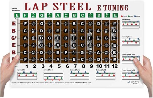 A New Song Music Laminated Lap Steel E Tuning Guitar Fretboard Note & Rolls Chart - Beginners & Intermediate Instructional Easy Poster Chords 11"x17" in Kuwait