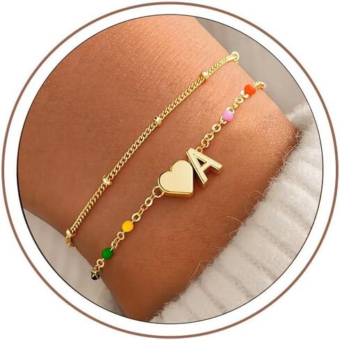 M MOOHAM Easter Gifts for Kids Toddlers Teens - Easter Basket Stuffers Dainty Heart Initial Bracelet 14K-Gold-Plated Bracelet Colorful Link Charm Bracelets Jewelry Birthday Gifts for Kids Teen Girls in Saudi Arabia