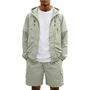 Mens Tracksuit Casual 2 Piece Waterproof Rain Jacket and Cargo Shorts Set Athletic Jogging Sports Outfits in Kuwait