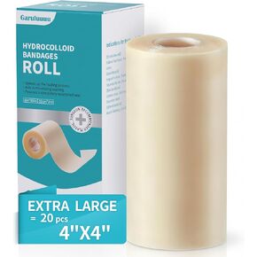 لفافة ضمادات غرواني مائي مقاس 4 × 80 بوصة، لفافة غرواني مائي للعناية بالجروح، 20 قطعة ضمادات رفيعة للغاية مقاس 4 × 4 بوصة مع لاصق ذاتي (قص حسب الحجم)، تضميد جروح غرواني مائي، معقمة ومقاومة للماء in Kuwait