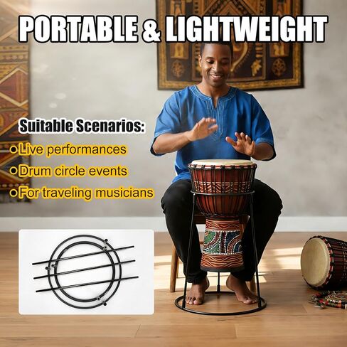 حامل أرضي محمول من Djembe - دعم من الفولاذ الكربوني خفيف الوزن لطبول مقاس 8.5 بوصة - 12 بوصة، رف قرع ثابت جاهز للسفر للبالغين والمبتدئين in Kuwait