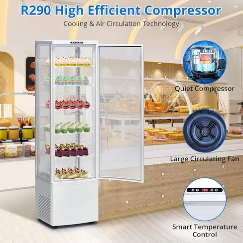9.8 Cu.ft Commercial Refrigerator Display Case, Pastry Display Fridge with 4-Sided Double-Layered Glass & LED Lighting, Ventilated Cooling Bakery Display Refrigerator with Casters in Saudi Arabia