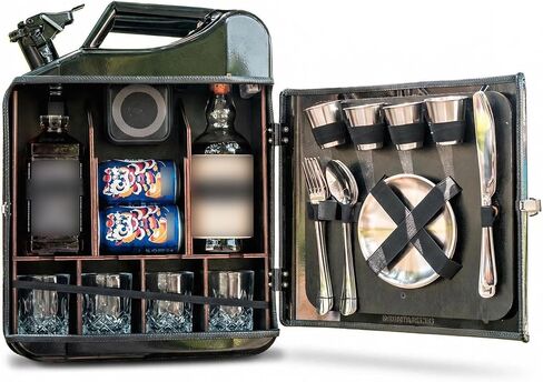 Jerry Can Mini Bar - Portable Whisksy Storage with LED Lights & Bluetooth Speaker | Holds 2 Bottles, 4 Cups & Utensils | Ideal for Camping, Tailgating, Outdoor Parties (Military Style Design) in Saudi Arabia