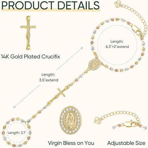 Gold Rosary Hand Chain Bracelet - 14k Gold Plated Virgin Mary Ring Bracelets,Non Tarnish Dainty Golden Rosarios Catolicos Hand Chains Jewelry,Trendy Religious Rosary Beads Hand Bracelet Gift for Women in Saudi Arabia
