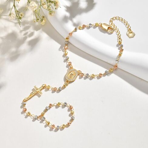 Gold Rosary Hand Chain Bracelet - 14k Gold Plated Virgin Mary Ring Bracelets,Non Tarnish Dainty Golden Rosarios Catolicos Hand Chains Jewelry,Trendy Religious Rosary Beads Hand Bracelet Gift for Women in Saudi Arabia