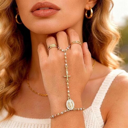 Gold Rosary Hand Chain Bracelet - 14k Gold Plated Virgin Mary Ring Bracelets,Non Tarnish Dainty Golden Rosarios Catolicos Hand Chains Jewelry,Trendy Religious Rosary Beads Hand Bracelet Gift for Women in Saudi Arabia