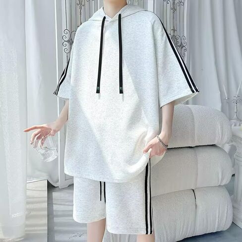 Men’s Casual Sportswear Set Hooded Short Sleeve T-Shirt And Matching Shorts Two Piece Outfit Lightweight Breathable Fabric in Saudi Arabia