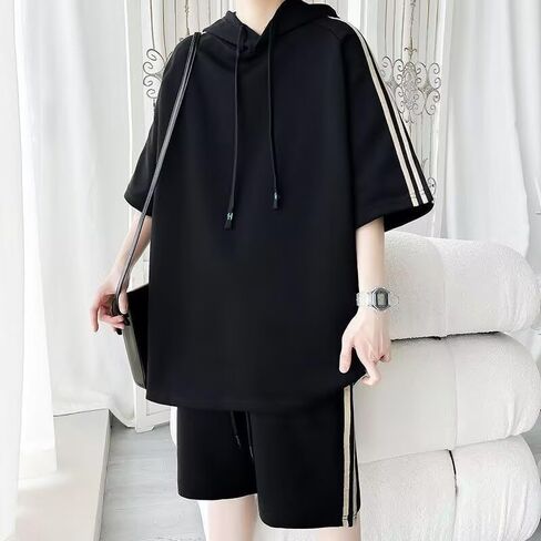 Men’s Casual Sportswear Set Hooded Short Sleeve T-Shirt And Matching Shorts Two Piece Outfit Lightweight Breathable Fabric in Saudi Arabia