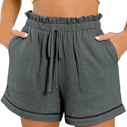 Linen Shorts for Women High Waisted Elastic Waist Summer Beach Shorts Casual Short Pants with Pockets in Saudi Arabia