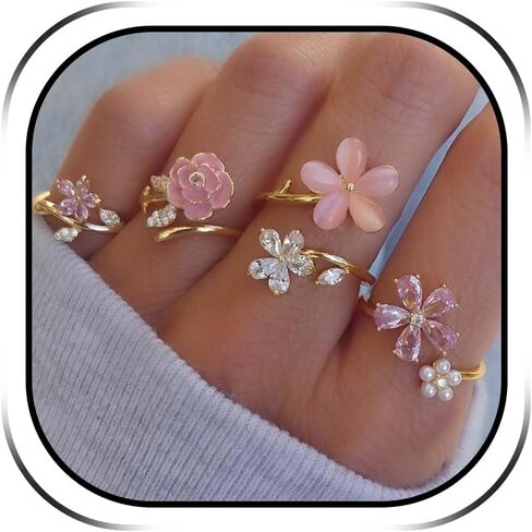 HUASAI Stackable Rings for Women Gold Rhinestone Flower Love Statement Adjustable Daily Party Fashion Jewelry Gifts in Saudi Arabia