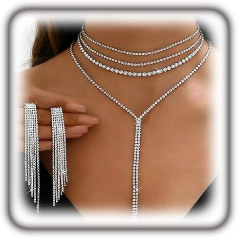 Sparkly Rhinestone Jewelry Set for Women Layered Statement Choker Necklaces Long Tassel Dangle Drop Earrings Trendy Prom Jewelry Accessories Gifts in Saudi Arabia