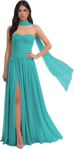 Corset Chiffon Long Bridesmaid Dress for Women with Scarf Wedding Guest Dress L01047 in Saudi Arabia