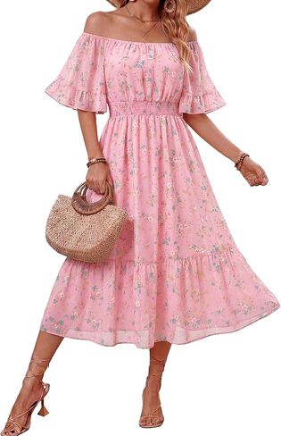 Women's Summer Boho Off Shoulder Midi Dress Ruffle Sleeve Smocked Elastic Waist Flowy Dresses in Saudi Arabia