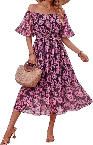 Women's Summer Boho Off Shoulder Midi Dress Ruffle Sleeve Smocked Elastic Waist Flowy Dresses in Saudi Arabia