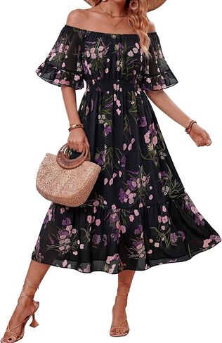 Women's Summer Boho Off Shoulder Midi Dress Ruffle Sleeve Smocked Elastic Waist Flowy Dresses in Saudi Arabia