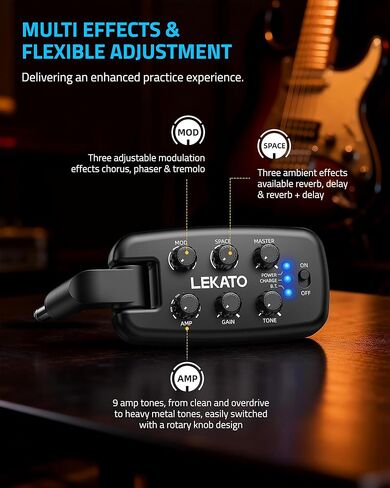 LEKATO PA-2 Guitar Headphone Amp for Electric Guitar, Bass Guitar Headphone Amplifier for Portable Practice, 9 Amp Models, 3 Mod Effects, 3 Space Effects, with Bluetooth Receiver, USB OTG Recording in Saudi Arabia