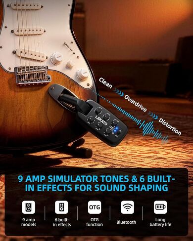 LEKATO PA-2 Guitar Headphone Amp for Electric Guitar, Bass Guitar Headphone Amplifier for Portable Practice, 9 Amp Models, 3 Mod Effects, 3 Space Effects, with Bluetooth Receiver, USB OTG Recording in Saudi Arabia