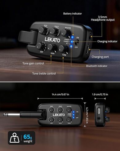 LEKATO PA-2 Guitar Headphone Amp for Electric Guitar, Bass Guitar Headphone Amplifier for Portable Practice, 9 Amp Models, 3 Mod Effects, 3 Space Effects, with Bluetooth Receiver, USB OTG Recording in Saudi Arabia