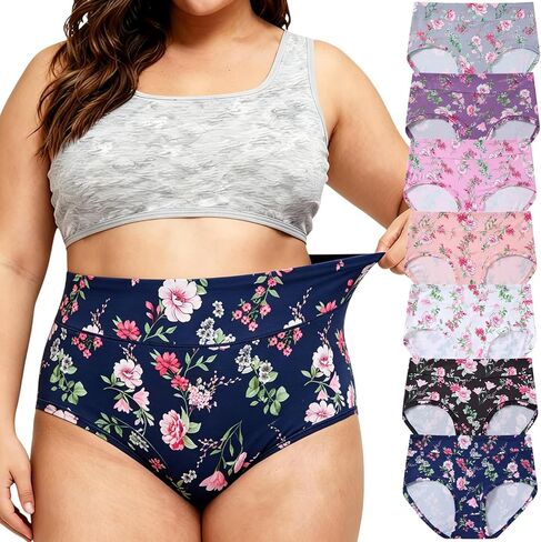 الملابس الداخلية النسائية XL-5XL حجم كبير سراويل السيدات منتصف عالية الخصر ملخصات سراويل الزهور الوردية 7-حزمة in Kuwait