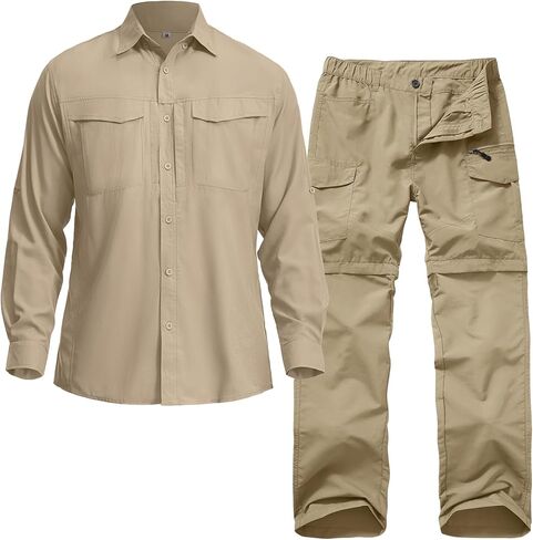 ملابس رجالي من mixtiq مكونة من قطعتين للتنزه سيرًا على الأقدام وقميص سفاري وأكمام طويلة وسراويل للمشي لمسافات طويلة قابلة للتحويل سريعة الجفاف ومسامية وخفيفة الوزن للحماية من الشمس مجموعات صيد السمك والمشي لمسافات طويلة والسفر in Kuwait