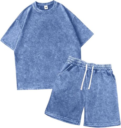 Men's Summer Washed Distressed Vintage Cotton Short-sleeved T-shirt Shorts 2-piece Set Simple Casual Vacation Sports Fitness (Blue + Blue,XX-Large) in Saudi Arabia