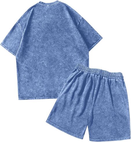 Men's Summer Washed Distressed Vintage Cotton Short-sleeved T-shirt Shorts 2-piece Set Simple Casual Vacation Sports Fitness (Blue + Blue,XX-Large) in Saudi Arabia