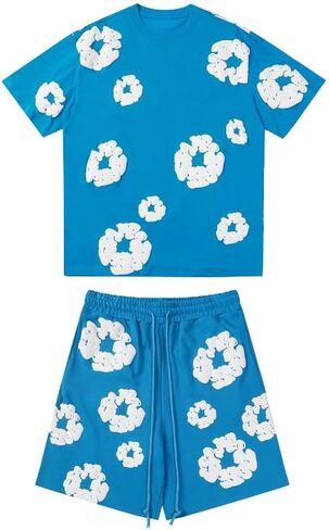 Y2K men's and women's bubble printed short sleeved shorts set, loose T-shirt beach shorts two-piece set in Saudi Arabia