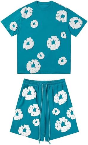 Y2K men's and women's bubble printed short sleeved shorts set, loose T-shirt beach shorts two-piece set in Saudi Arabia